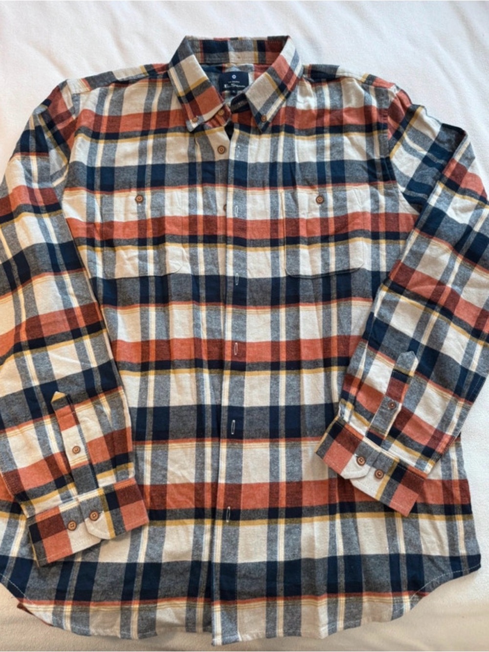 Ben Sherman Men’s XL Plaid Flannel Shirt 100% Cotton Rust Navy Button Down NWOT